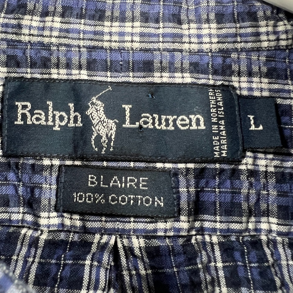 Ralph Lauren Shirt Mens Large Blue Plaid Seersucker Short Sleeve Button Down - Picture 3 of 10